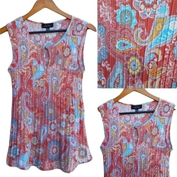 90's Pleated Paisley Print Sleeveless Keyhole Scoop Neck Blouse Coral Sz S - Picture 1 of 11